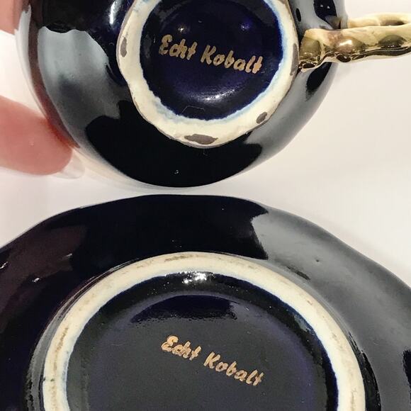 Reichenbach Geschenke Three Tea Cup Plate Set Echt Kobalt Gold Filigree Mocha - Picture 2 of 15